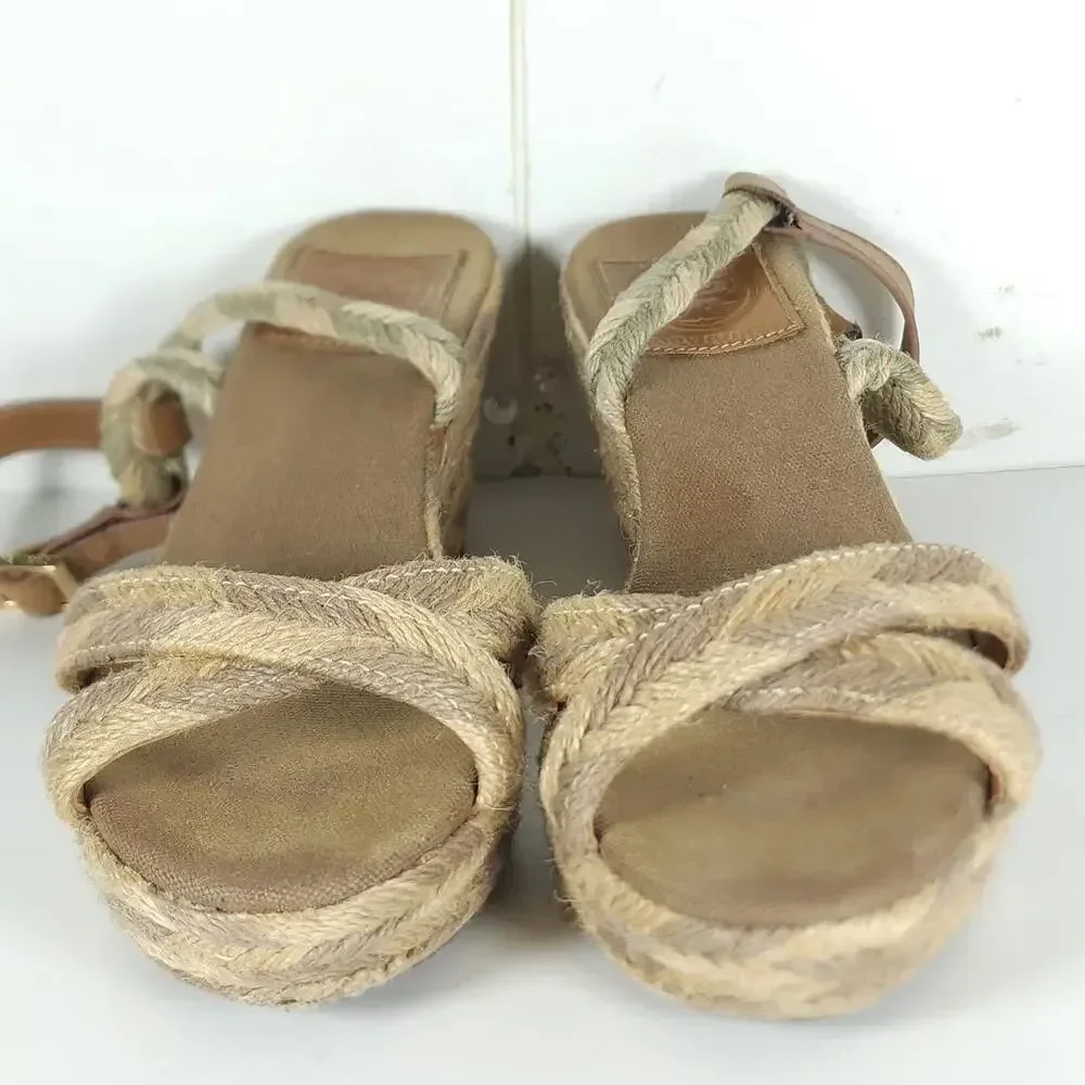 Tory Burch Camellia Women's US 8M Tan Jute Braided Rope Wedge Espadrilles